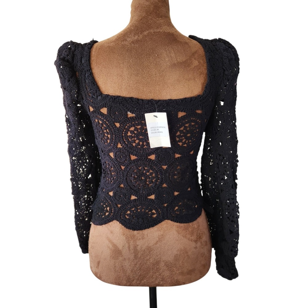 NWT Vicki Idem Ditto Cropped Crochet Top Size M Black Long Sleeve Sheer‎ - Picture 3 of 7